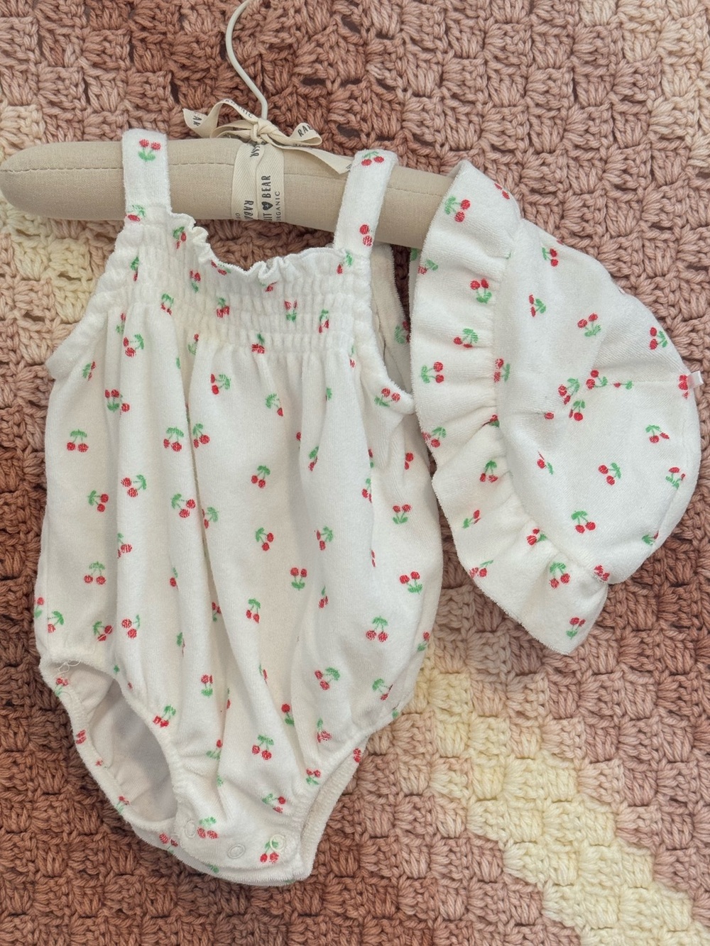 Cherry onesie bucket hat set white red 6 month